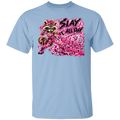 A light blue t-shirt featuring one seriously fierce raccoon dressed from head to toe in sparkling pink camo, breast cancer ribbons and pink combat boots—with her claws out and ready for action. Behind her, the words BREAST CANCER are being smashed to pieces while her message says everything that needs to be said: SLAY ALL DAY.