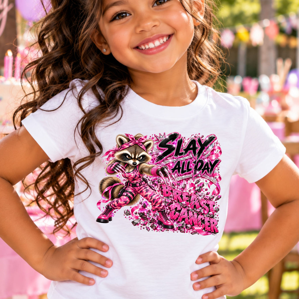 A smiling young girl with long wavy brown hair wearing a white graphic t-shirt.  The t-shirt features one seriously fierce raccoon dressed from head to toe in sparkling pink camo, breast cancer ribbons and pink combat boots—with her claws out and ready for action. Behind her, the words BREAST CANCER are being smashed to pieces while her message says everything that needs to be said: SLAY ALL DAY.



